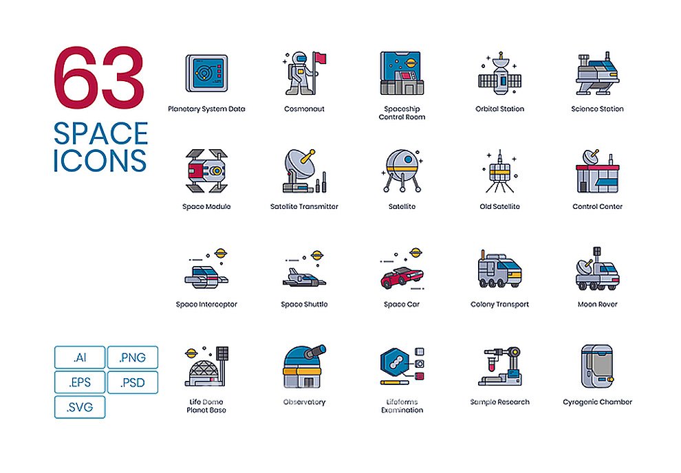 63个维度空间天文学天体航天宇宙平面矢量图标集Space Icons