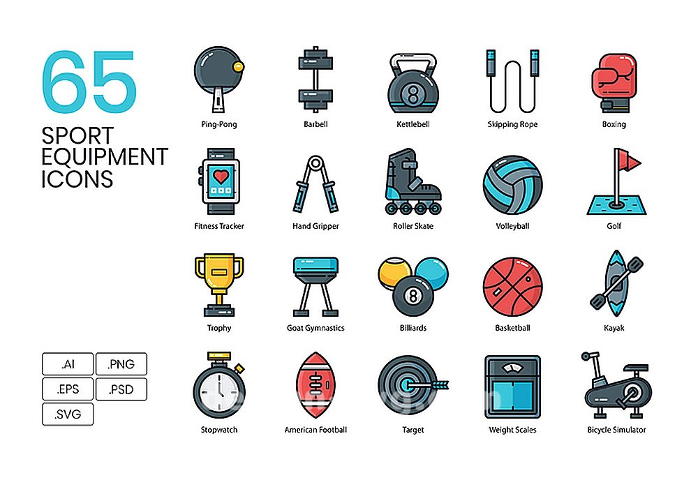 65个体育运动健身设备平面矢量彩色图标集Sport Equipment Icons