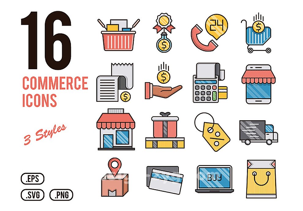 16个金融商务支付购物金钱商品公司图标矢量图标库Commerce Icons