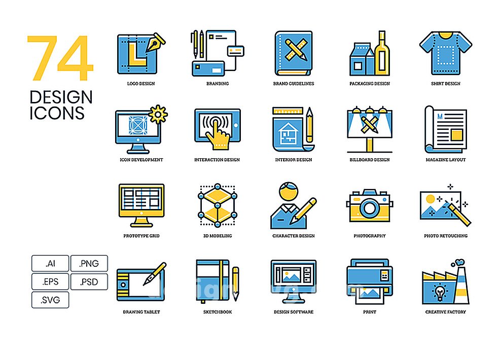 74个设计师工作室公司商业icon设计矢量彩色线图标集Design Icons