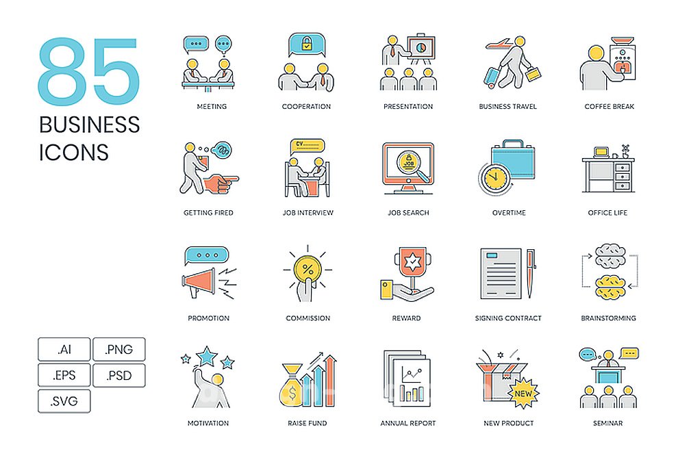 85个商务求职面试招聘投资金融业务出差工作矢量图标集Business Icons