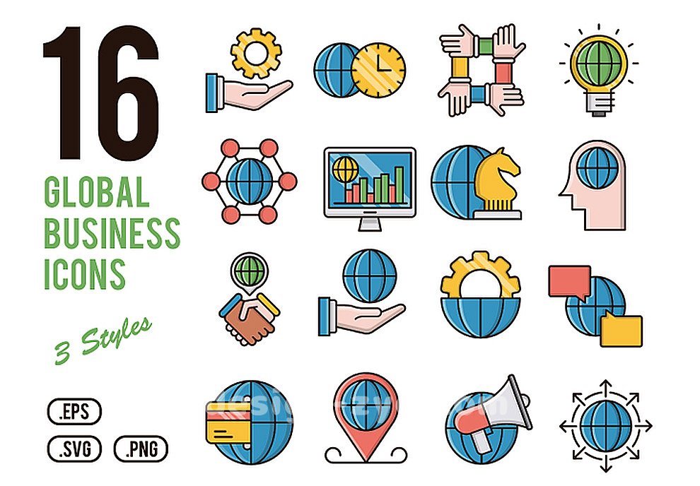 16个全球商业金融业务国际化合作彩色矢量图标大全Global Business Icons