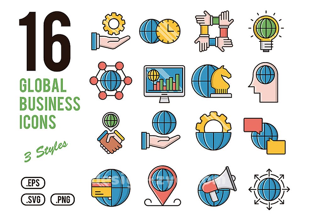 16个全球商业金融业务国际化合作彩色矢量图标大全Global Business Icons