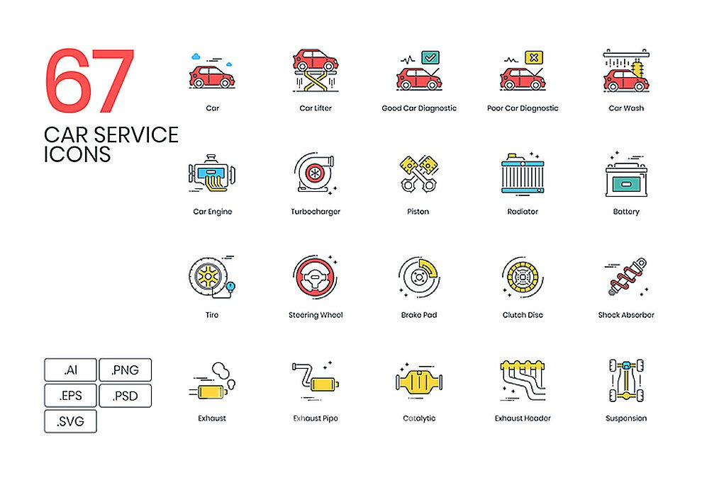 67个汽车行业服务维修保养方向盘矢量图标大全Car Service Icons