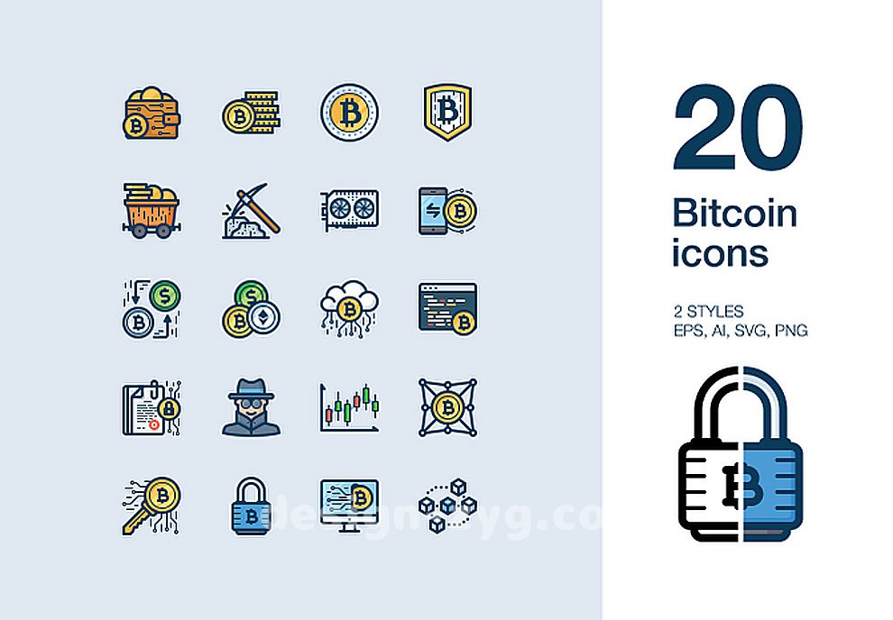 20个金融比特币商务矢量图标集Bitcoin icons，内含有彩色和黑白两种风格