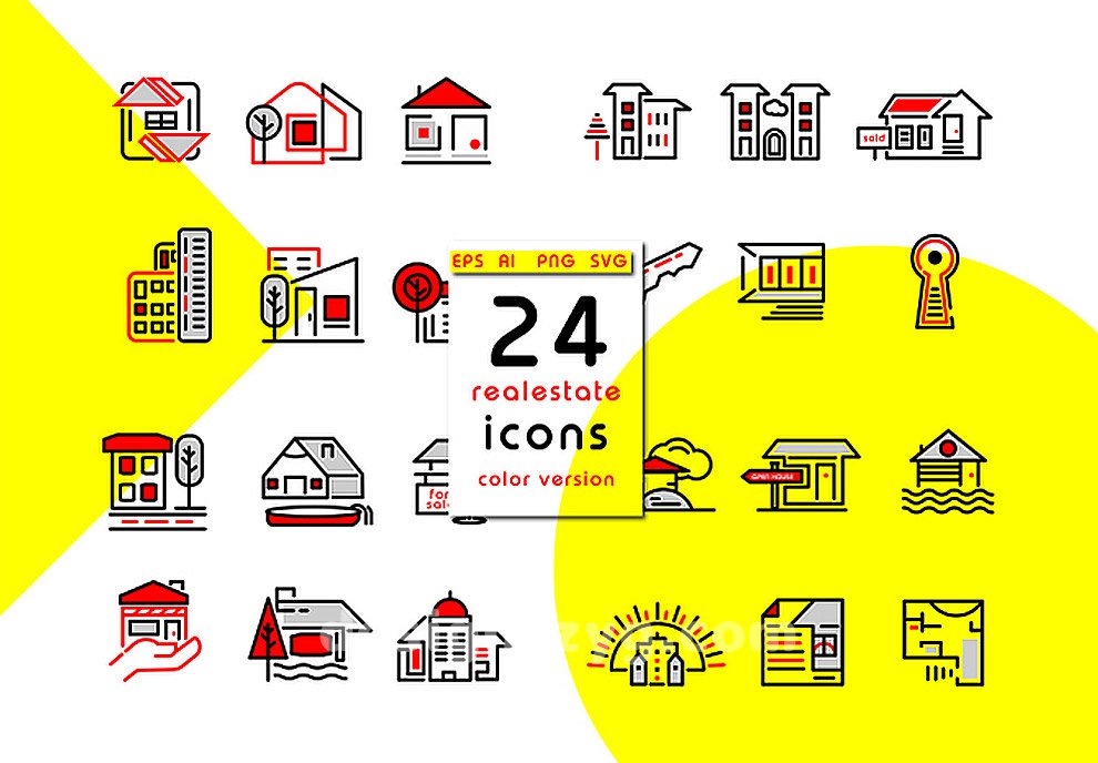 24个常见建筑地产房子城市矢量图标库Real Estate Icons