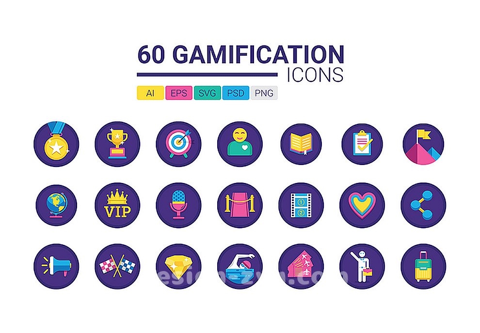 60个商业教育娱乐社交媒体商业竞技比赛矢量图标大全Gamification Icons